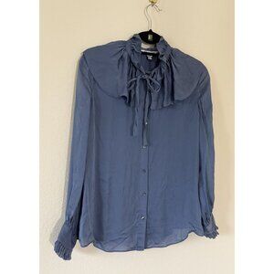 L.K. Bennett Women's 100% Silk Blouse TW Ariella Blue Ruffle Long Sleeve Size 8